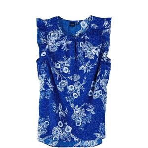 Kaari Blue white floral dot ruffle cottagecore office tank top medium